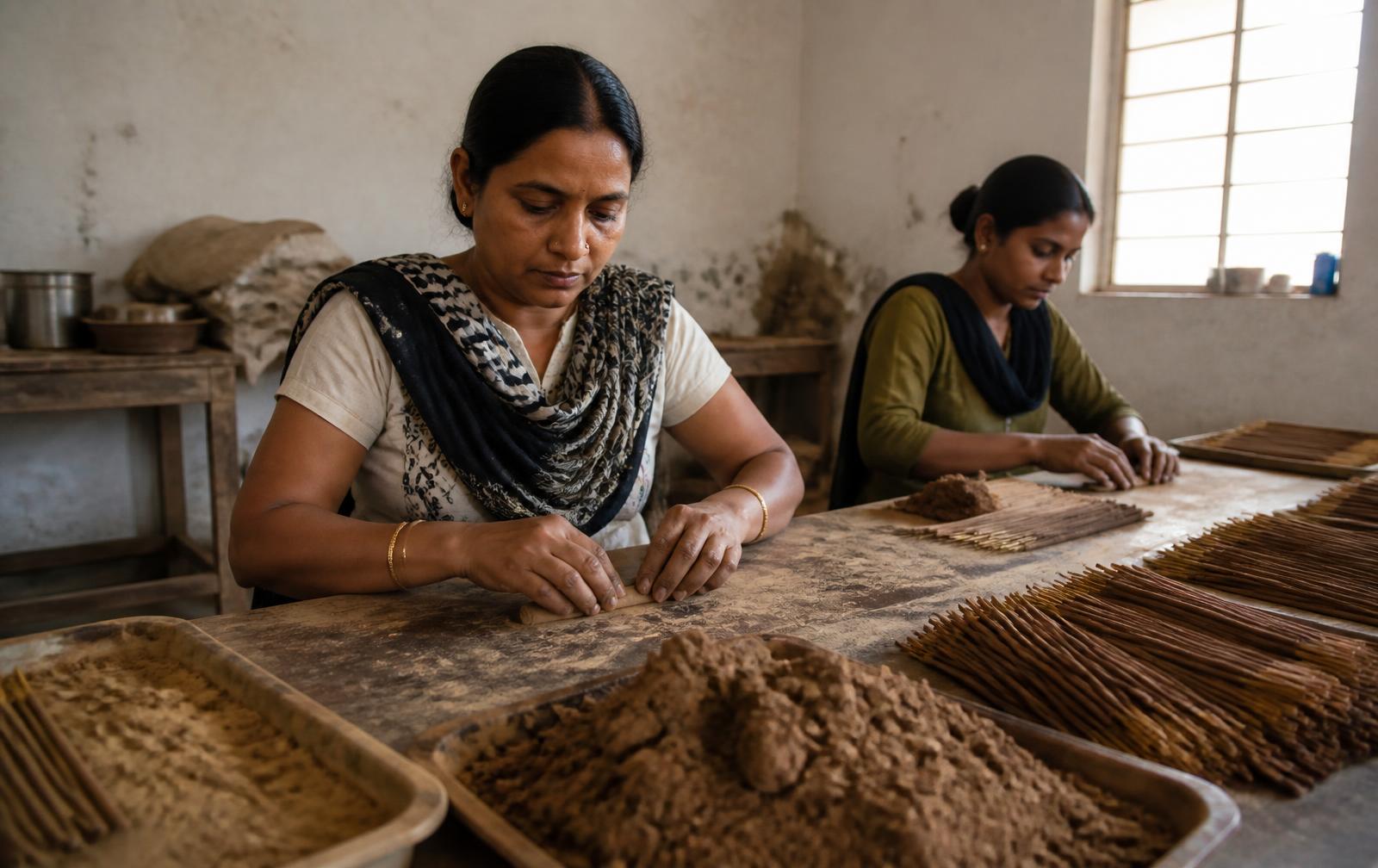 Women artisans hand-rolling incense in small batches